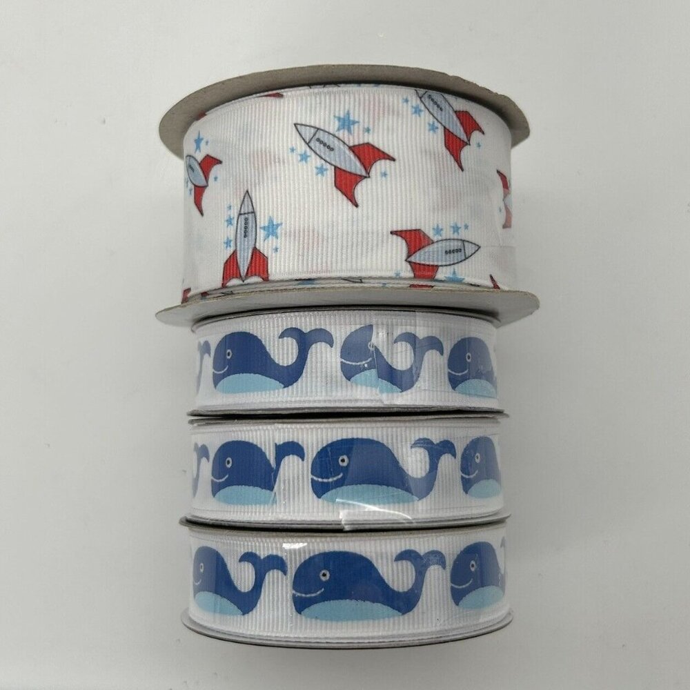 2/$20 Lot of 4 Ribbon Grosgrain Rockets Whales Boy Craft Sew Space Ocean Blue